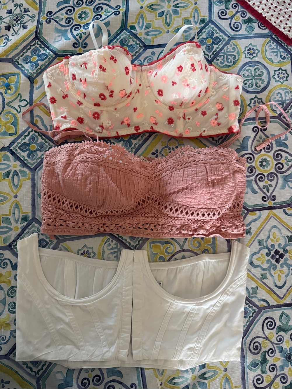 Floral Cream,Dusty Rose Crochet, White Bustier top trios.